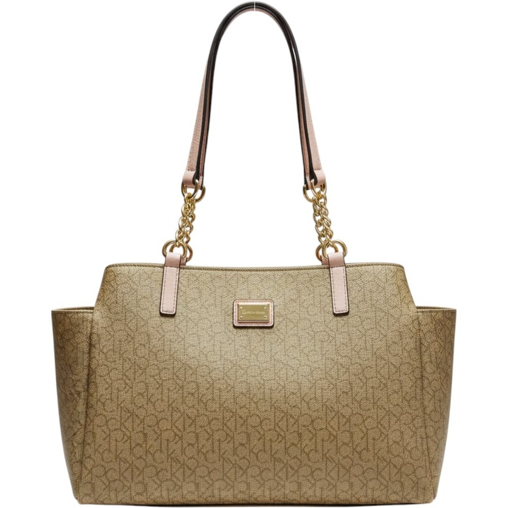 Calvin Klein Monogram Logo Tote Bag Tan Brown Gold Chain Pink Straps